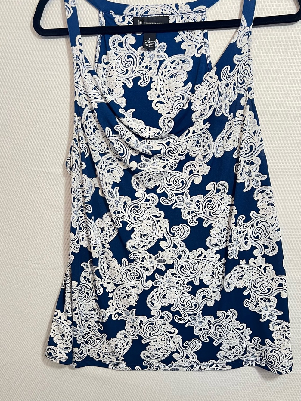 INC International Concepts Navy and White Paisley Cowl Neck Tank